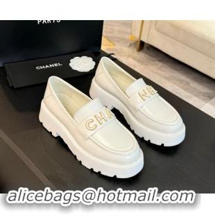 Hot Style Chanel Shiny Calfskin Platform Loafers 5.5cm with Letters White 1017045