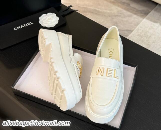 Hot Style Chanel Shiny Calfskin Platform Loafers 5.5cm with Letters White 1017045