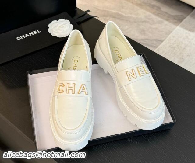 Hot Style Chanel Shiny Calfskin Platform Loafers 5.5cm with Letters White 1017045