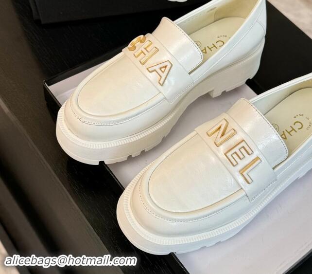 Hot Style Chanel Shiny Calfskin Platform Loafers 5.5cm with Letters White 1017045