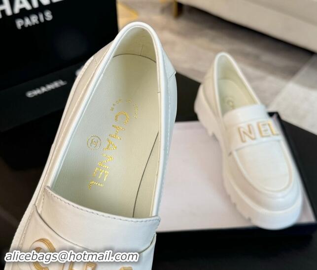 Hot Style Chanel Shiny Calfskin Platform Loafers 5.5cm with Letters White 1017045