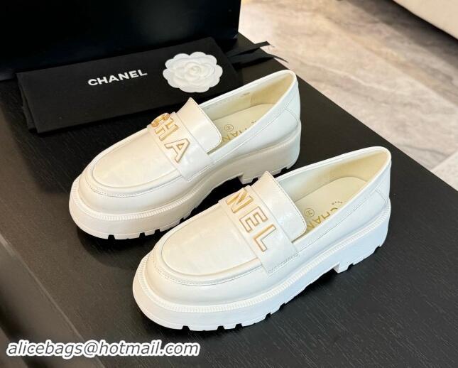 Hot Style Chanel Shiny Calfskin Platform Loafers 5.5cm with Letters White 1017045