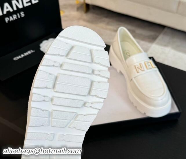 Hot Style Chanel Shiny Calfskin Platform Loafers 5.5cm with Letters White 1017045