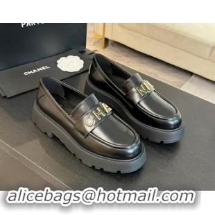 Sophisticated Chanel Shiny Calfskin Platform Loafers 5.5cm with Letters Black 1017046