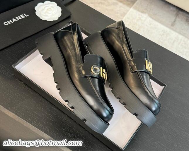 Sophisticated Chanel Shiny Calfskin Platform Loafers 5.5cm with Letters Black 1017046