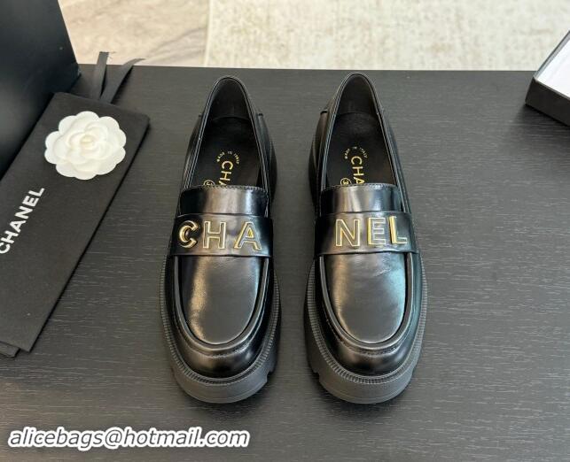 Sophisticated Chanel Shiny Calfskin Platform Loafers 5.5cm with Letters Black 1017046