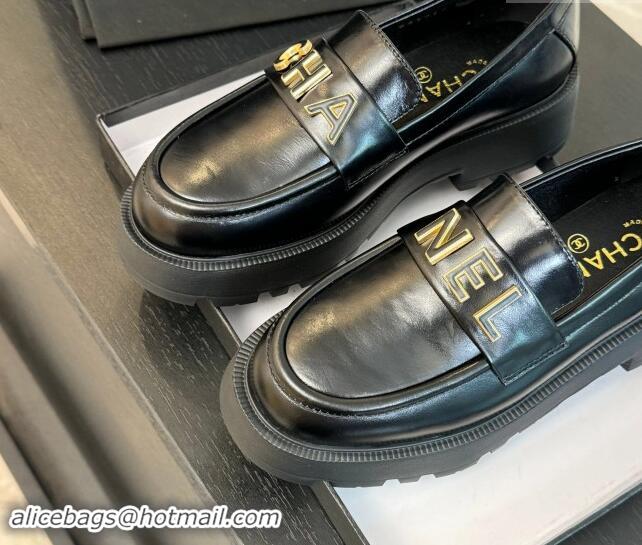 Sophisticated Chanel Shiny Calfskin Platform Loafers 5.5cm with Letters Black 1017046