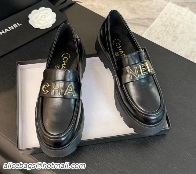 Sophisticated Chanel Shiny Calfskin Platform Loafers 5.5cm with Letters Black 1017046