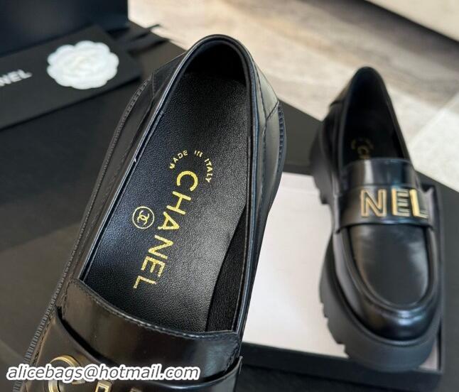 Sophisticated Chanel Shiny Calfskin Platform Loafers 5.5cm with Letters Black 1017046