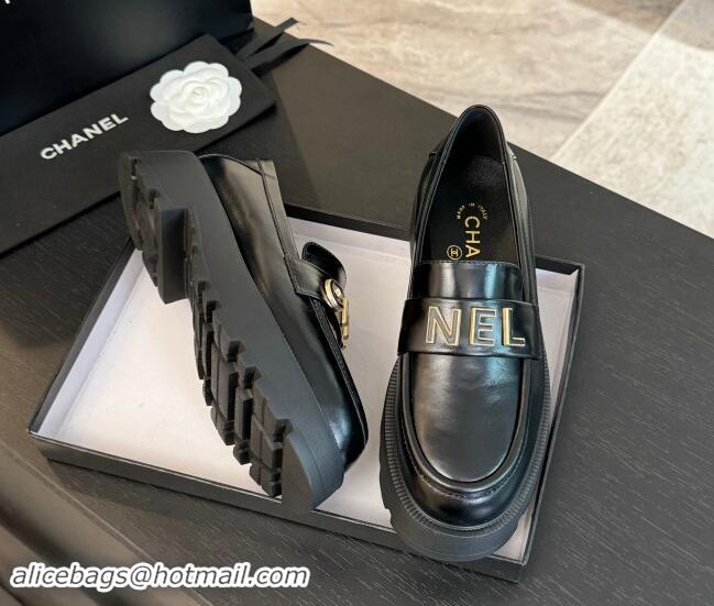 Sophisticated Chanel Shiny Calfskin Platform Loafers 5.5cm with Letters Black 1017046