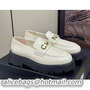 Stylish Chanel Oil Calfskin Platform Loafers 5.5cm with Letters White 1017047