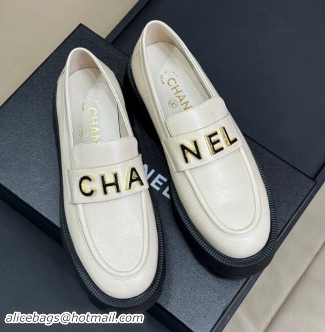 Stylish Chanel Oil Calfskin Platform Loafers 5.5cm with Letters White 1017047