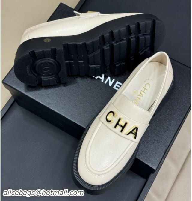 Stylish Chanel Oil Calfskin Platform Loafers 5.5cm with Letters White 1017047