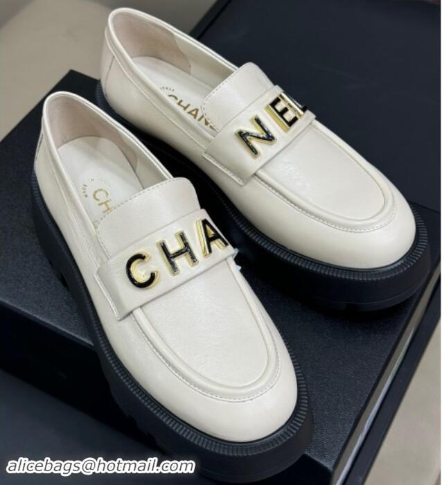 Stylish Chanel Oil Calfskin Platform Loafers 5.5cm with Letters White 1017047