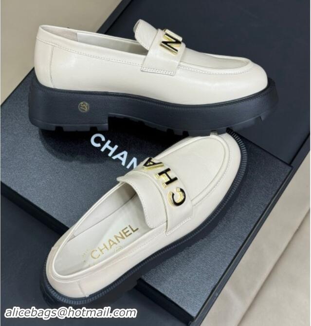 Stylish Chanel Oil Calfskin Platform Loafers 5.5cm with Letters White 1017047