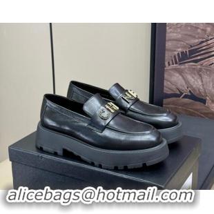 Good Quality Chanel Oil Calfskin Platform Loafers 5.5cm with Letters Black 1017048