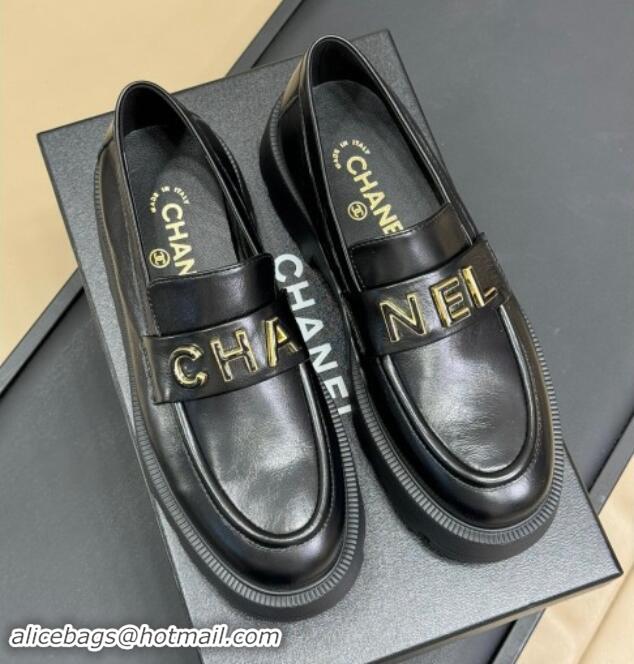 Good Quality Chanel Oil Calfskin Platform Loafers 5.5cm with Letters Black 1017048