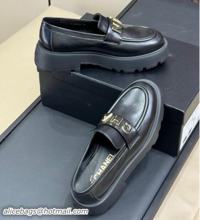 Good Quality Chanel Oil Calfskin Platform Loafers 5.5cm with Letters Black 1017048