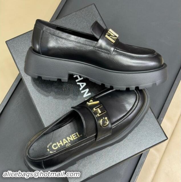 Good Quality Chanel Oil Calfskin Platform Loafers 5.5cm with Letters Black 1017048