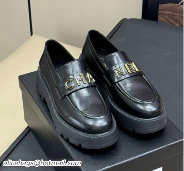 Good Quality Chanel Oil Calfskin Platform Loafers 5.5cm with Letters Black 1017048