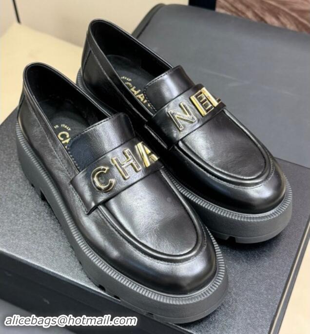 Good Quality Chanel Oil Calfskin Platform Loafers 5.5cm with Letters Black 1017048