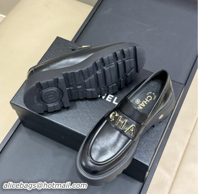 Good Quality Chanel Oil Calfskin Platform Loafers 5.5cm with Letters Black 1017048