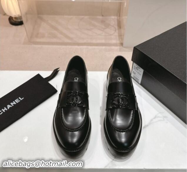 Stylish Chanel Patent Calfskin Platform Loafers 4.5cm with Framed CC Black 1017049