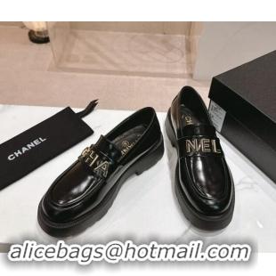 Sumptuous Chanel Patent Calfskin Platform Loafers 4.5cm with Letters Black 1017050