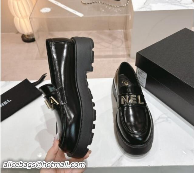 Sumptuous Chanel Patent Calfskin Platform Loafers 4.5cm with Letters Black 1017050