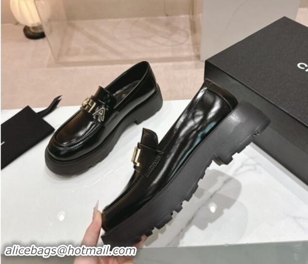 Sumptuous Chanel Patent Calfskin Platform Loafers 4.5cm with Letters Black 1017050