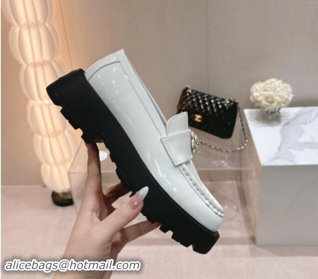 Unique Style Chanel Patent Calfskin Platform Loafers 4.5cm with Bloom White 1017051