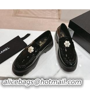 Buy Luxury Chanel Patent Calfskin Platform Loafers 4.5cm with Bloom Black 1017052