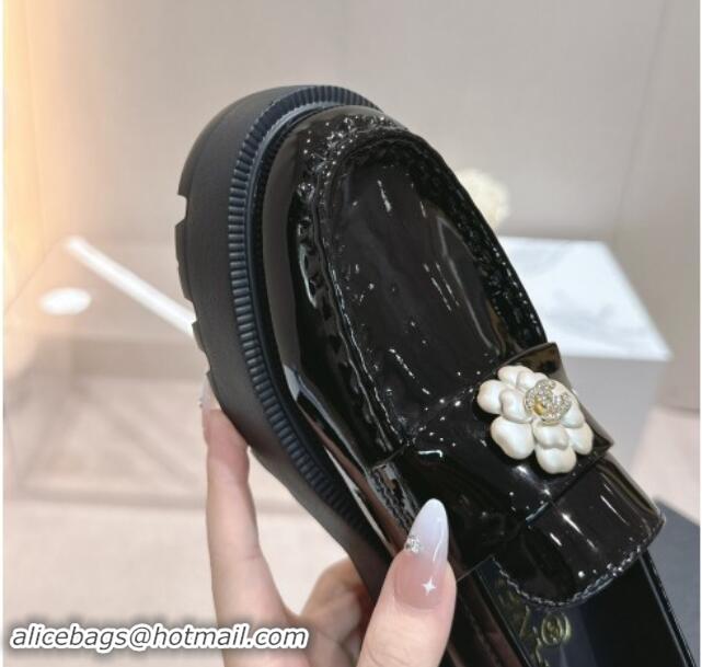 Buy Luxury Chanel Patent Calfskin Platform Loafers 4.5cm with Bloom Black 1017052