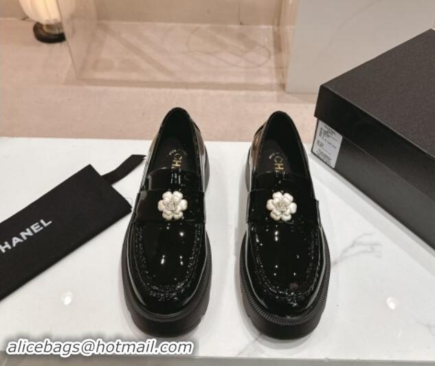 Buy Luxury Chanel Patent Calfskin Platform Loafers 4.5cm with Bloom Black 1017052