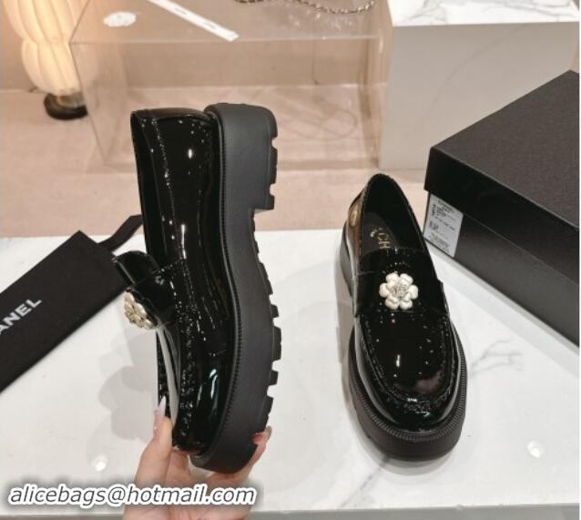 Buy Luxury Chanel Patent Calfskin Platform Loafers 4.5cm with Bloom Black 1017052