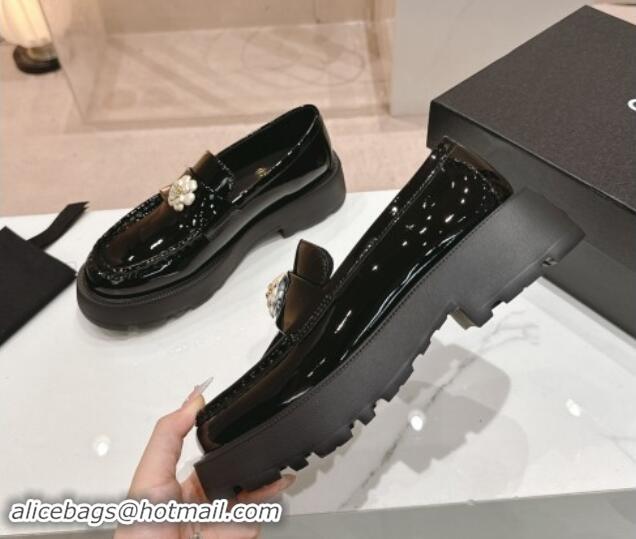 Buy Luxury Chanel Patent Calfskin Platform Loafers 4.5cm with Bloom Black 1017052