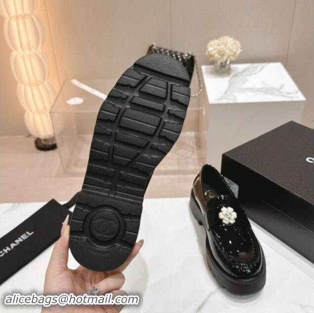 Buy Luxury Chanel Patent Calfskin Platform Loafers 4.5cm with Bloom Black 1017052