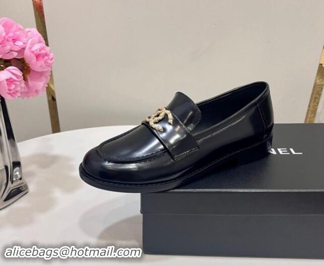 Grade Quality Chanel Patent Calfskin Loafers with Strass CC Black 1017053