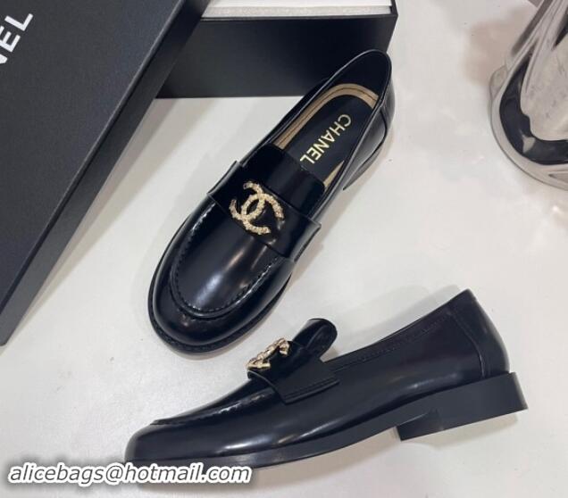 Grade Quality Chanel Patent Calfskin Loafers with Strass CC Black 1017053