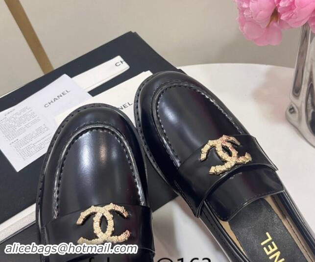 Grade Quality Chanel Patent Calfskin Loafers with Strass CC Black 1017053