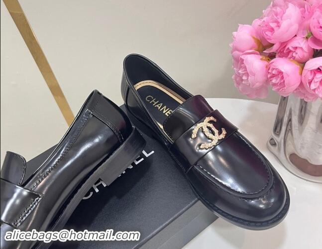 Grade Quality Chanel Patent Calfskin Loafers with Strass CC Black 1017053