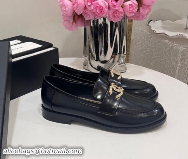 Grade Quality Chanel Patent Calfskin Loafers with Strass CC Black 1017053