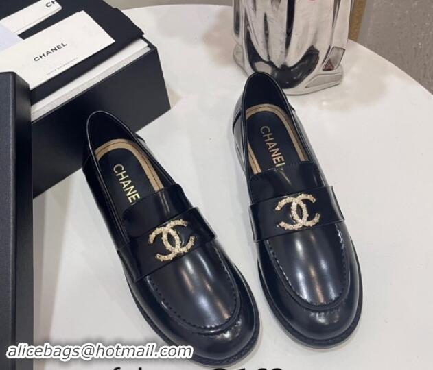 Grade Quality Chanel Patent Calfskin Loafers with Strass CC Black 1017053