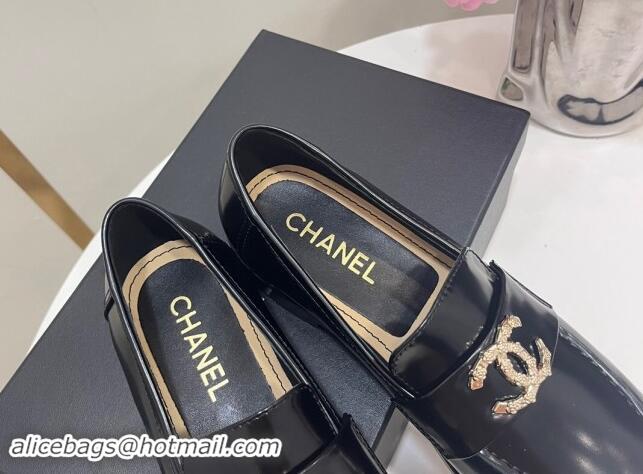 Grade Quality Chanel Patent Calfskin Loafers with Strass CC Black 1017053