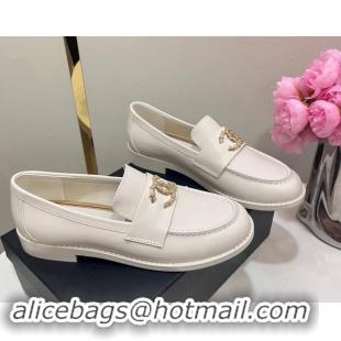 Best Grade Chanel Calfskin Loafers with Strass CC White 1017054