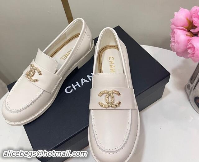 Best Grade Chanel Calfskin Loafers with Strass CC White 1017054