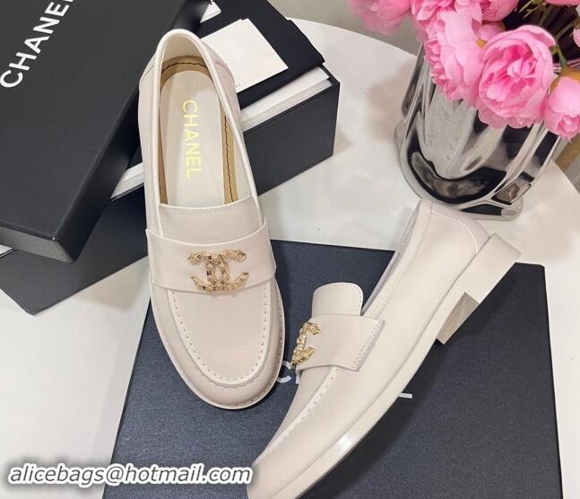 Best Grade Chanel Calfskin Loafers with Strass CC White 1017054