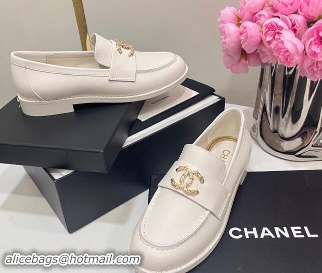 Best Grade Chanel Calfskin Loafers with Strass CC White 1017054