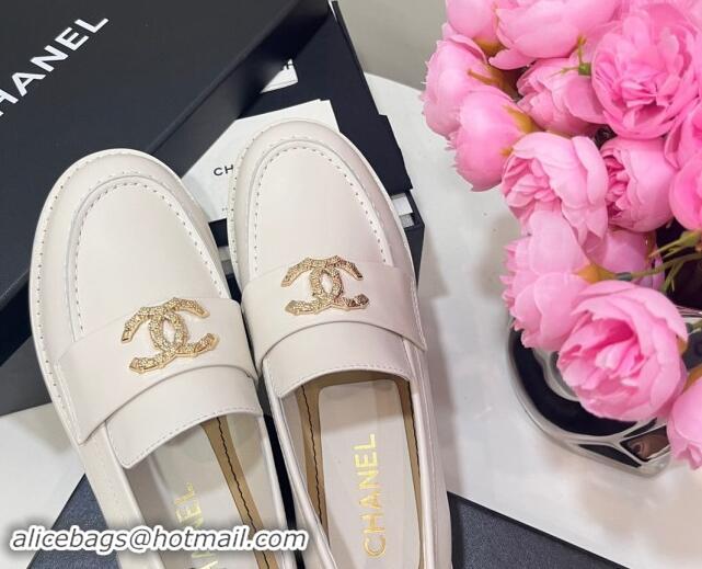 Best Grade Chanel Calfskin Loafers with Strass CC White 1017054