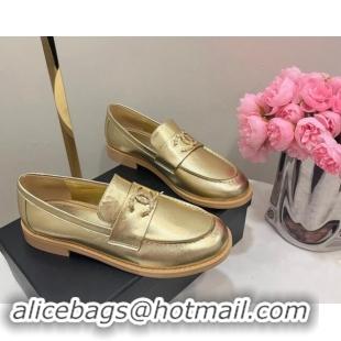 Top Grade Chanel Calfskin Loafers with Strass CC Gold 1017055